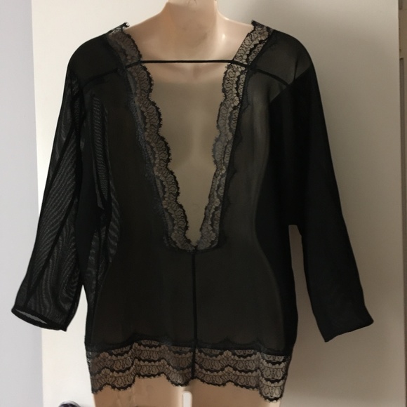 SANDRO Paris Black Crepe + Lace Deep V Back Blouse S - Picture 2 of 6